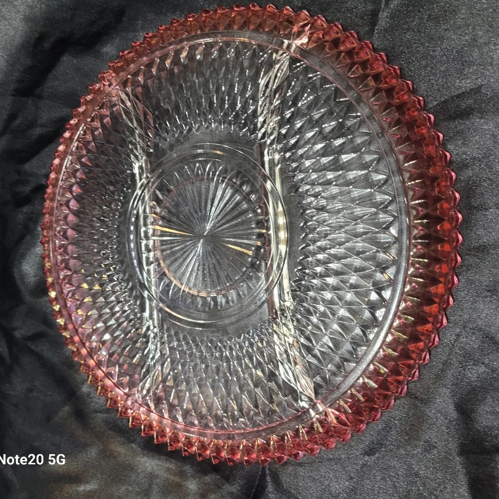 Vintage Indian Glass Diamond Point  Tray~Ruby Flash~3 Part~Relish~Serving Dish